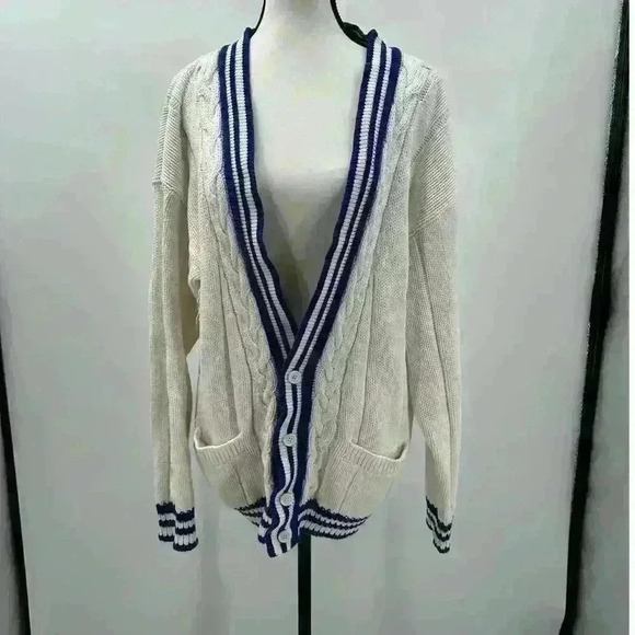 GAP Women's White & Blue Nautical Chunky Knit Cotton Button-Up Cardigan -‎ Large - Picture 1 of 4